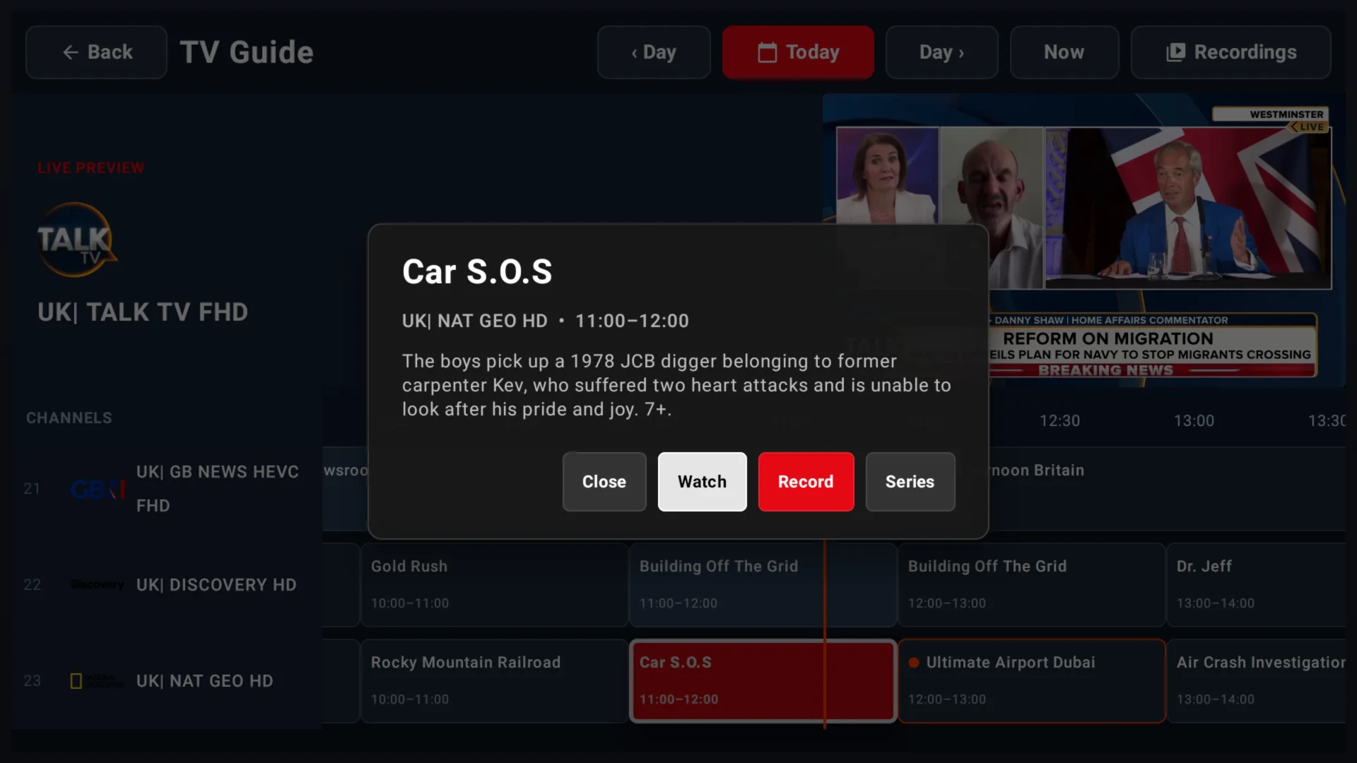 ChannelMate current programme dialog with Record option