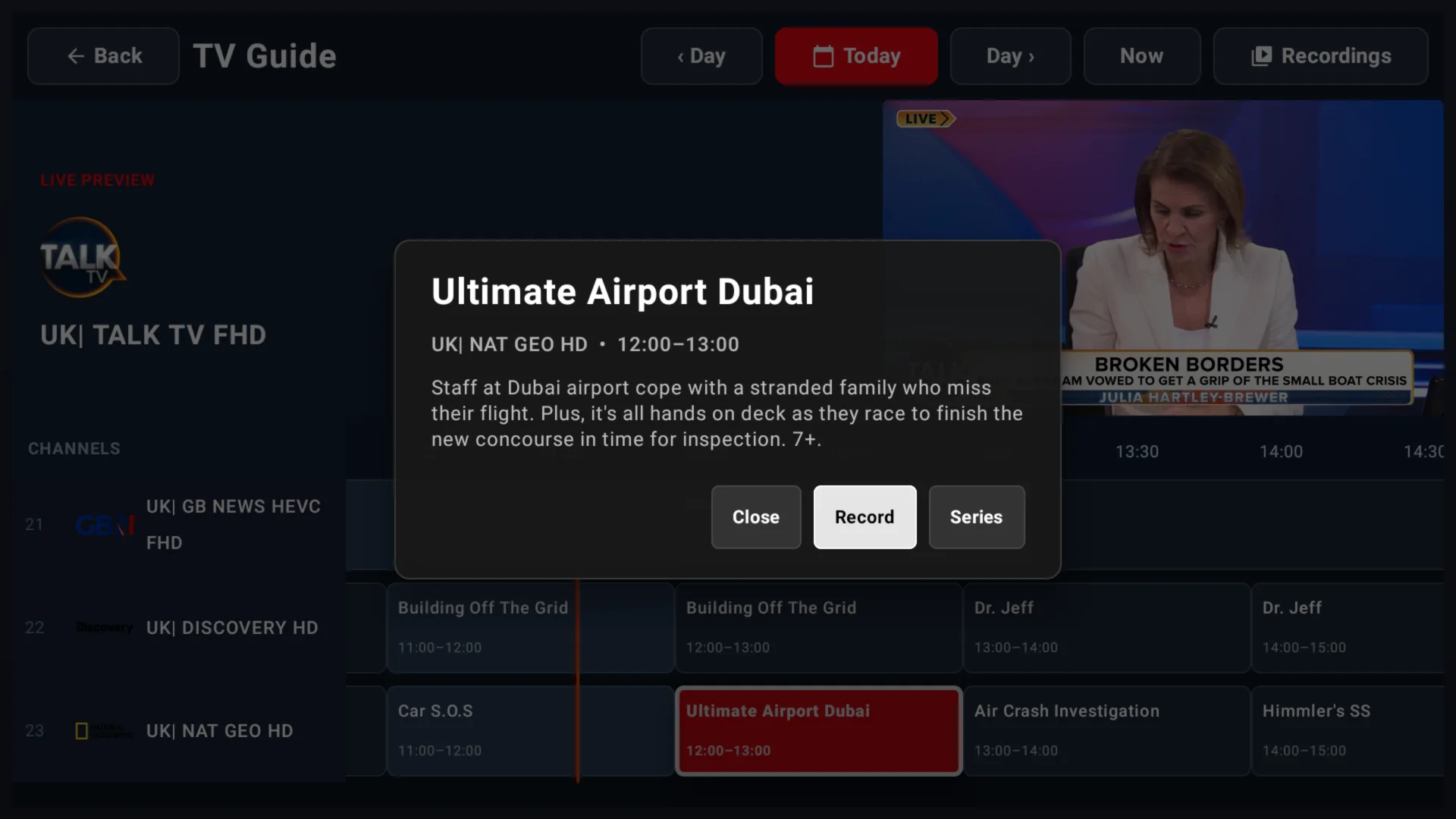 Future programme dialog with Record and Series options