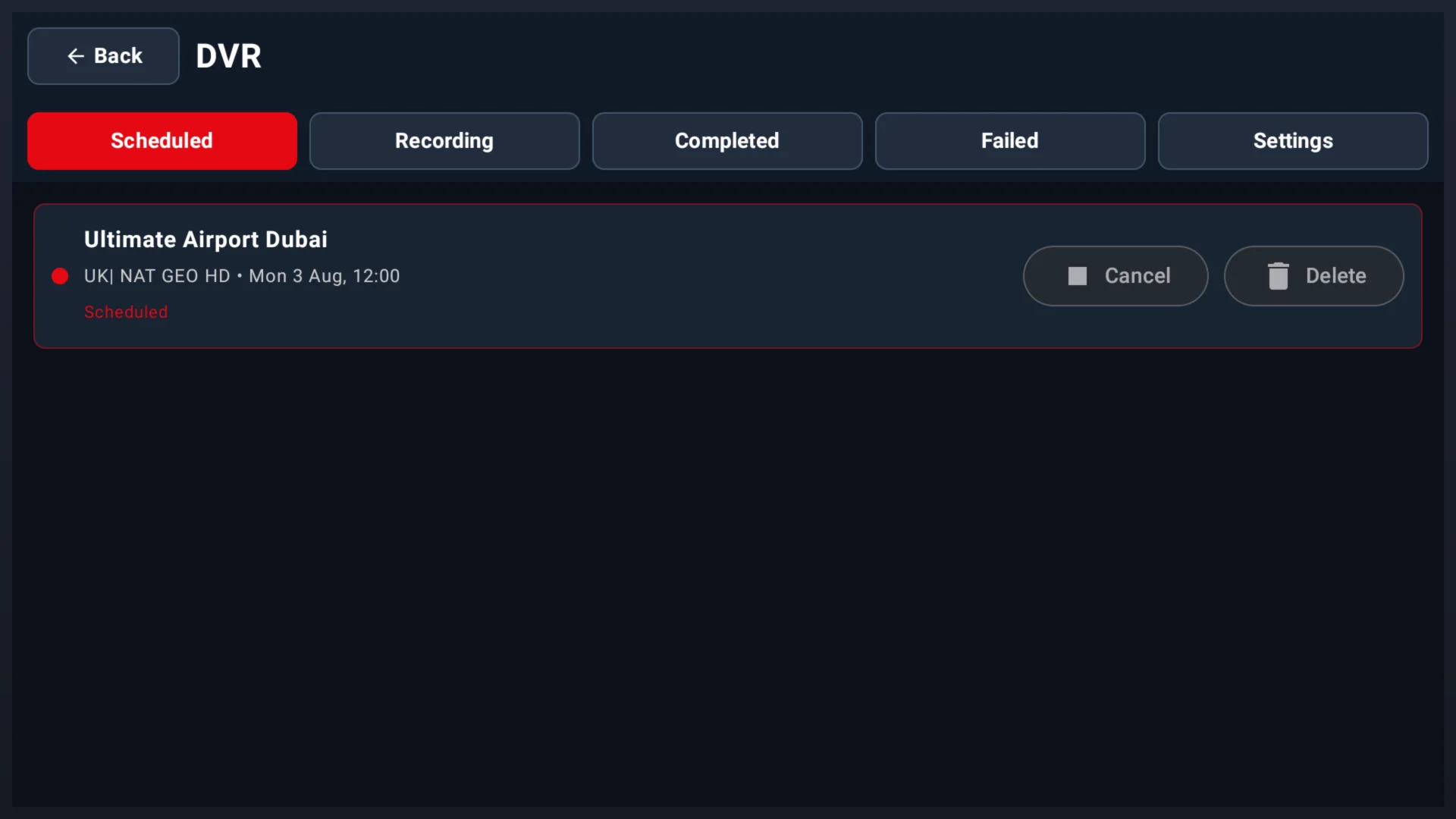 ChannelMate DVR Scheduled recordings screen