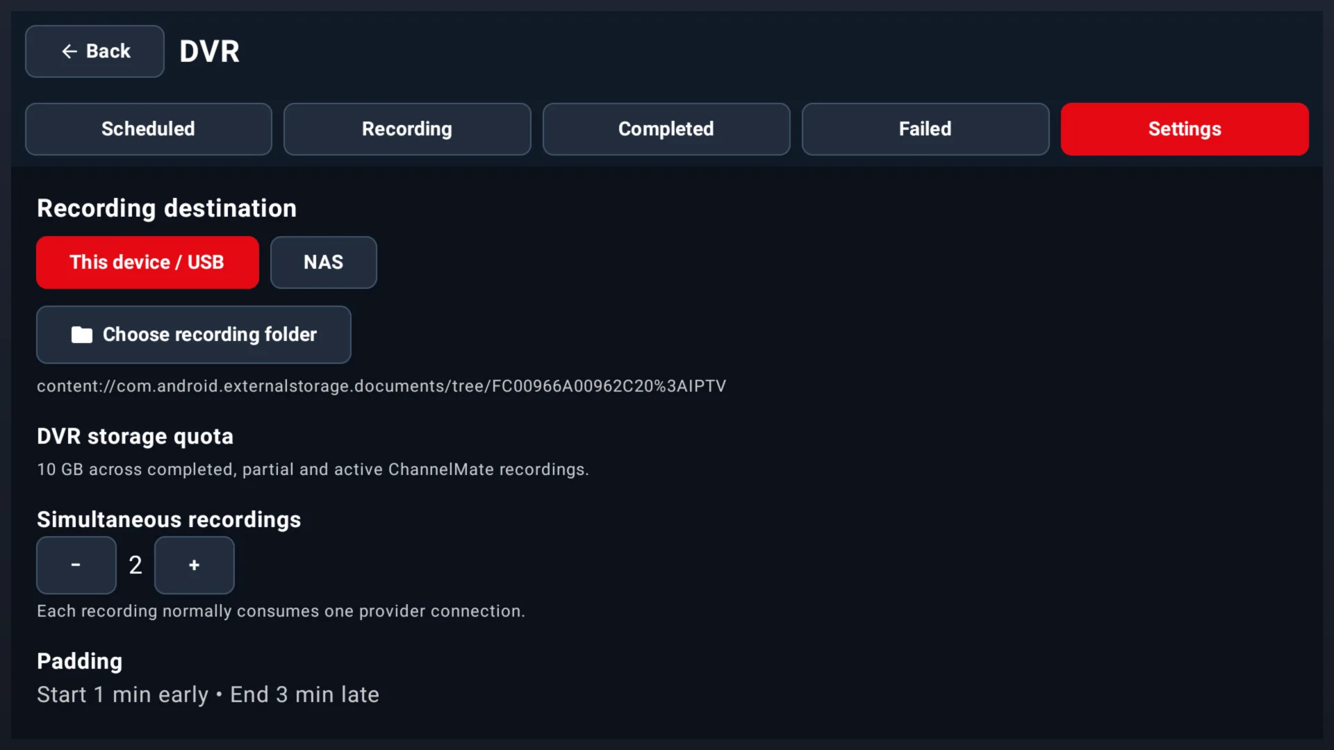 ChannelMate DVR settings for local or USB recording